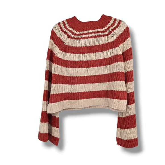 ee:some Los Angeles Striped Henley Sweater Rust Red Cream Bell Sleeve Small - Picture 2 of 10